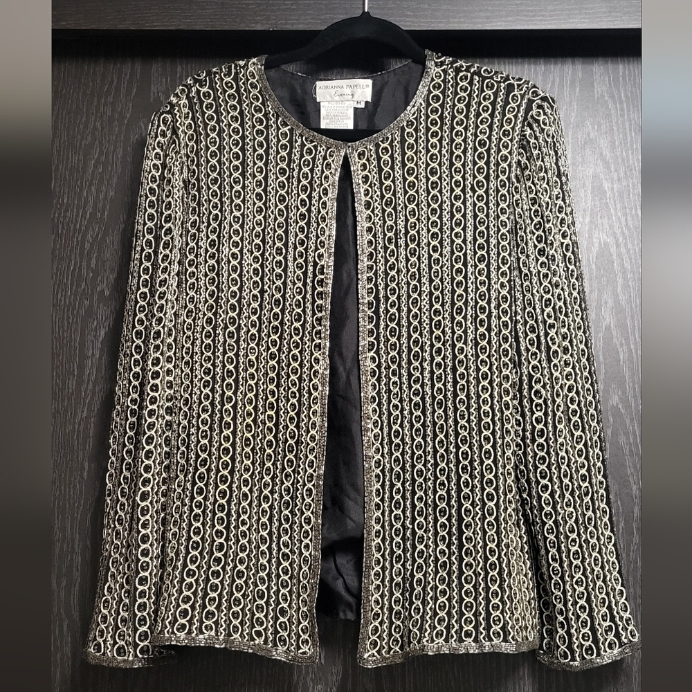 Adrianna Papell Black and Silver Gold Beaded Blazer 100% Silk Evening Jacket